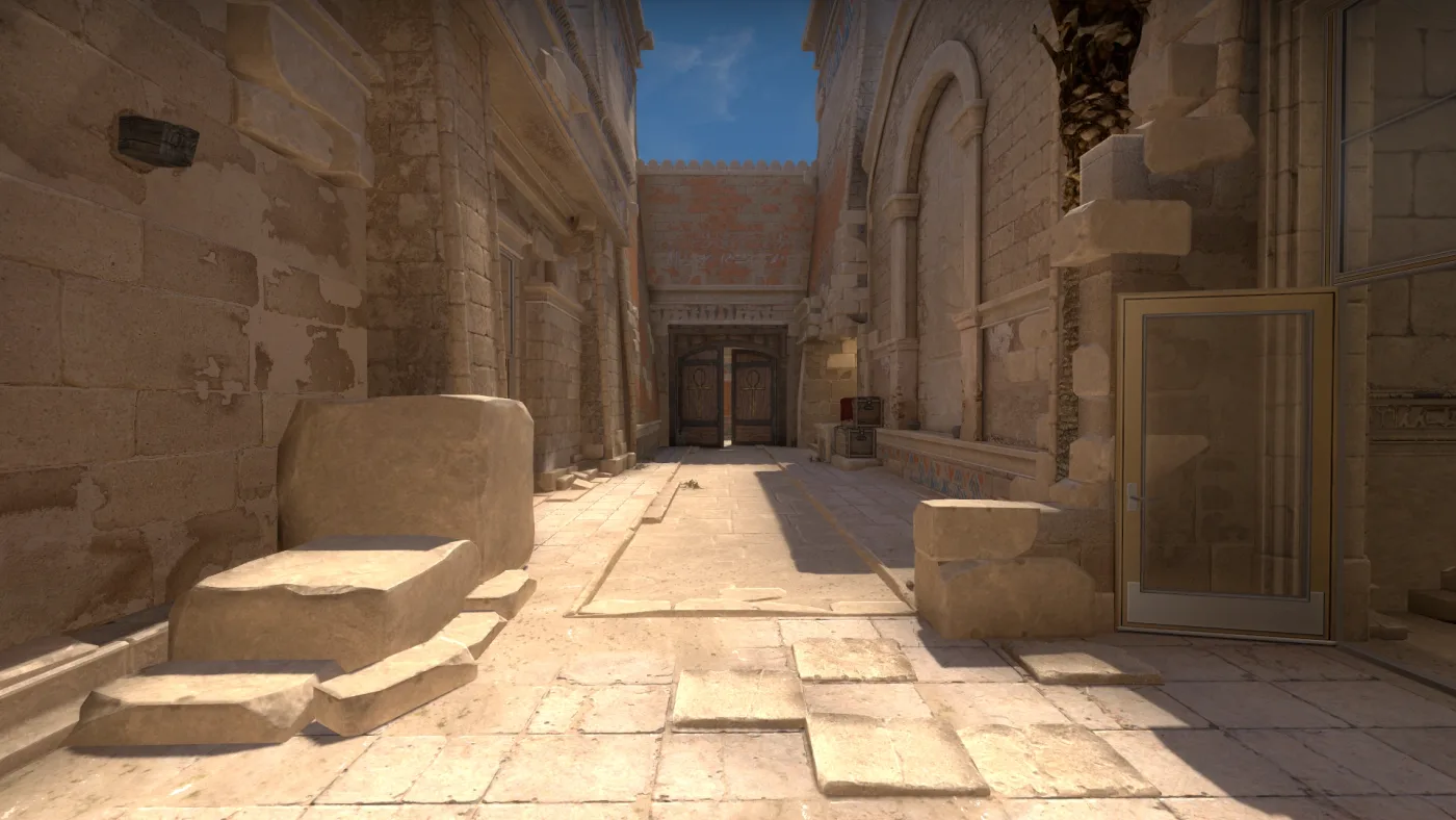 Middle on de_anubis, captured before the January 2026 rework of the mid doors and bridge drop