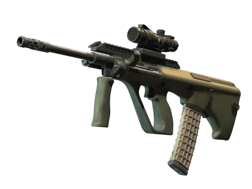 The Counter-Strike 2 AUG inventory render, the $3,300 scoped Counter-Terrorist rifle that deals exactly 100 damage to a helmeted head.