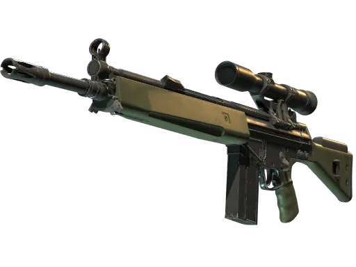 The Counter-Strike 2 G3SG1 inventory render: an olive and khaki Terrorist autosniper with a dark barrel, a ring-shaped front sight, a black scope over the receiver, a green pistol grip, an olive stock and a straight black magazine