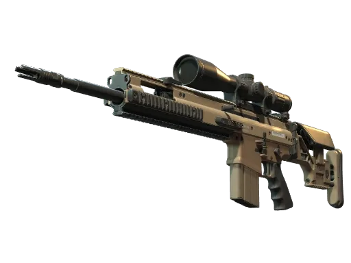 The Counter-Strike 2 SCAR-20 inventory render: a tan Counter-Terrorist autosniper with a black scope, a railed handguard, a black pistol grip and a box magazine.
