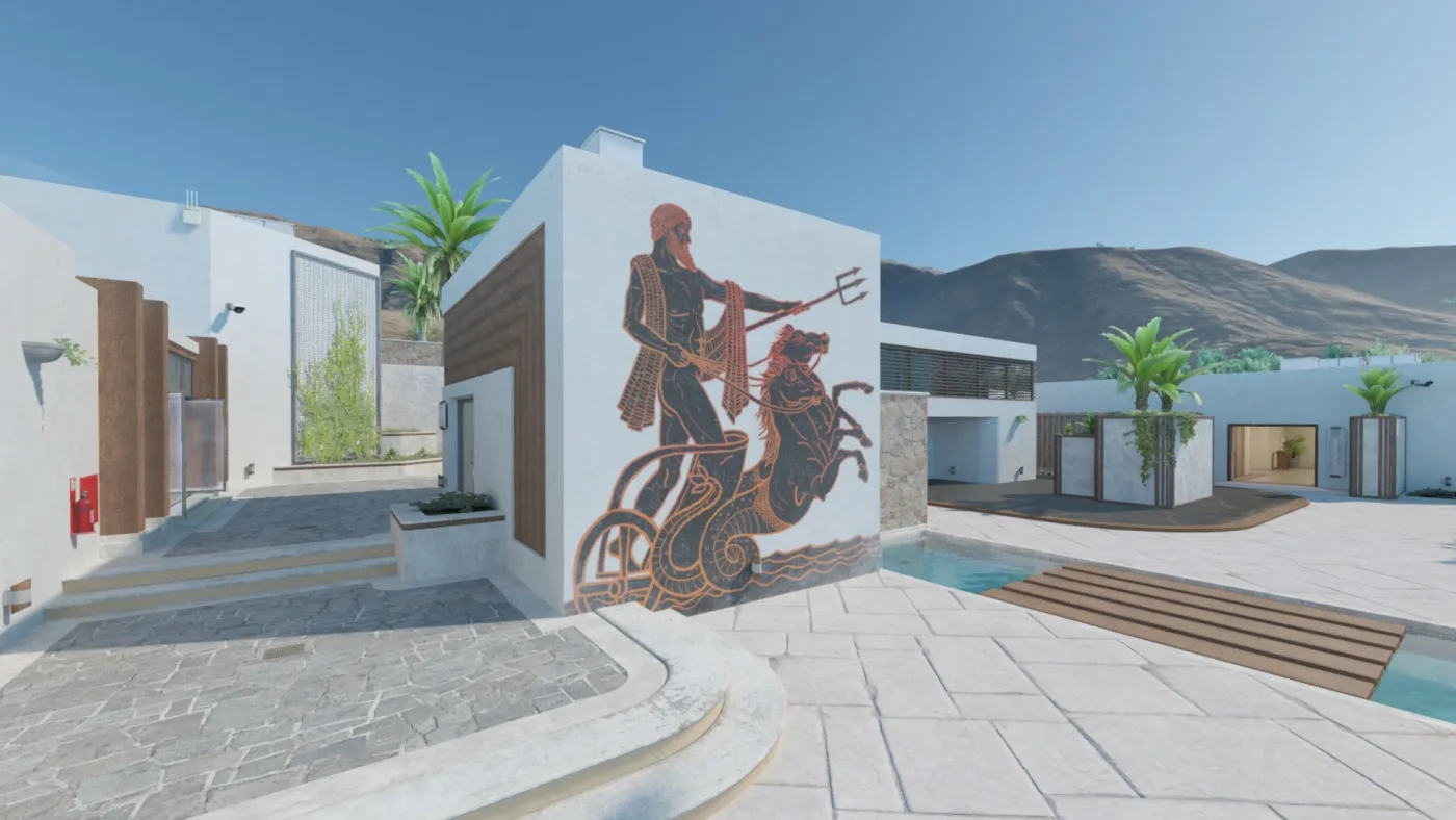Poseidon, a community Wingman map by hAgi: white Mediterranean-style buildings around a stone courtyard, a large black-and-orange mural of a bearded figure with a trident riding a chariot drawn by a sea horse, and a pool with a wooden deck to the right