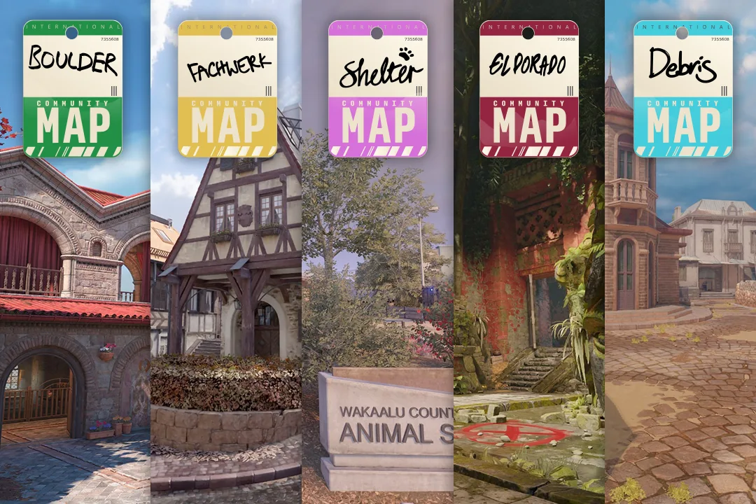 Valve's Season 5 community maps graphic for Counter-Strike 2: five vertical panels, each with a luggage-tag label reading Community Map, for Boulder, Fachwerk, Shelter, El Dorado and Debris. El Dorado (overgrown ruins) and Debris (a cobbled town street) are the two that went into Wingman.