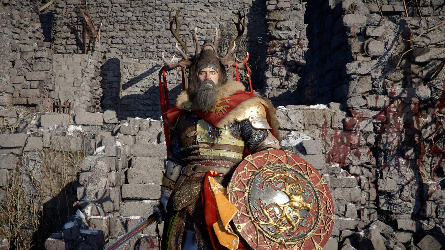 Staglord, the armored fallen-king boss of Crimson Desert, wielding a sword and shield in his ruined fortress.