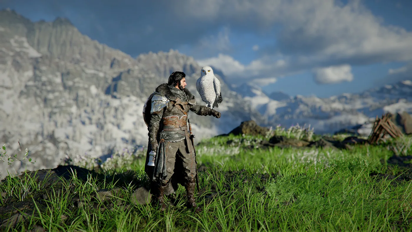 A bearded, dark-haired swordsman in a fur-collared coat with a steel pauldron and a leather belt holds out his gloved arm with a snowy owl perched on it, on a grassy ridge below snowy mountains, in Crimson Desert