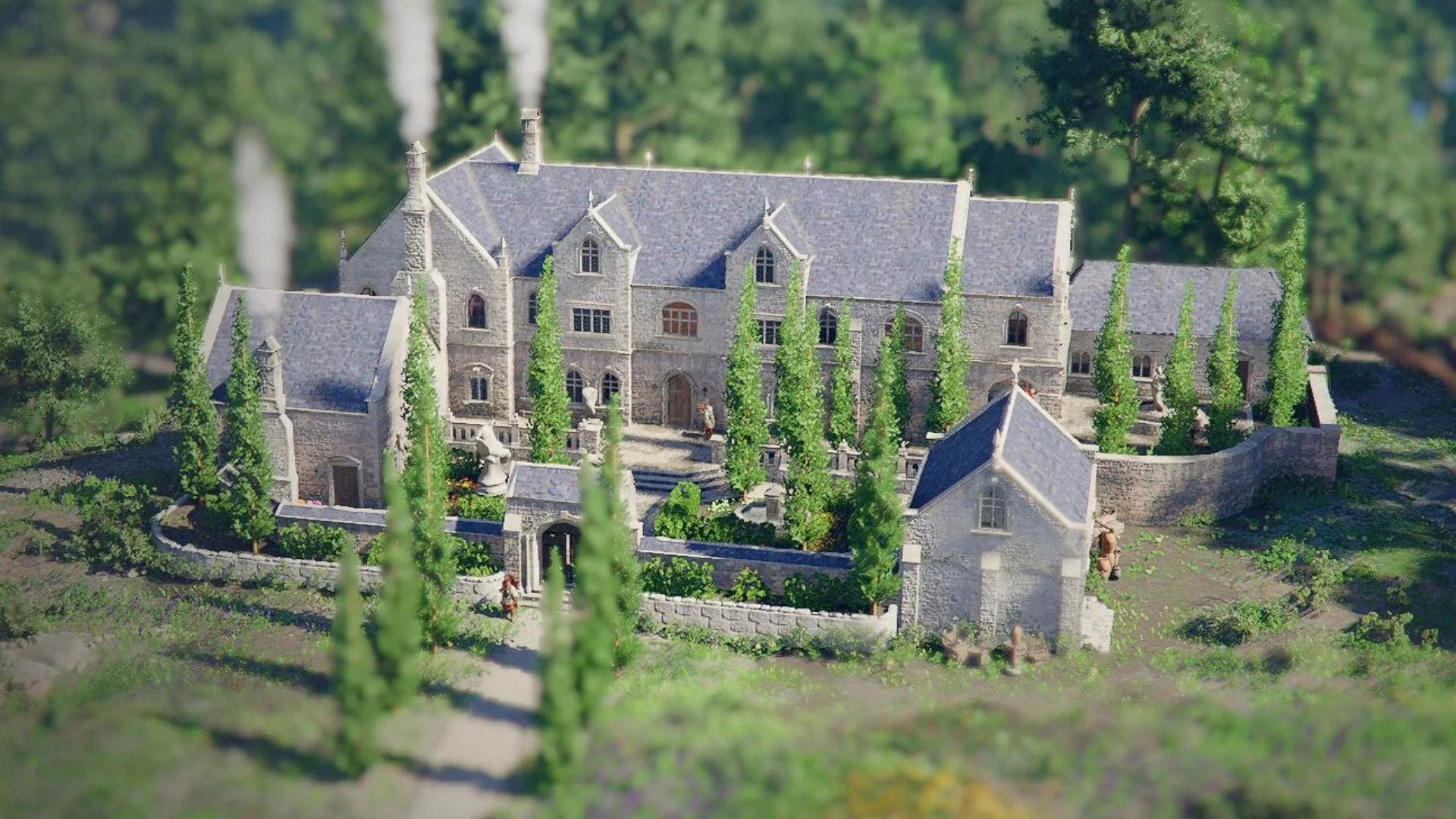 Glenbright Manor in the Hernand Highlands, a walled stone estate with gardens and poplar trees