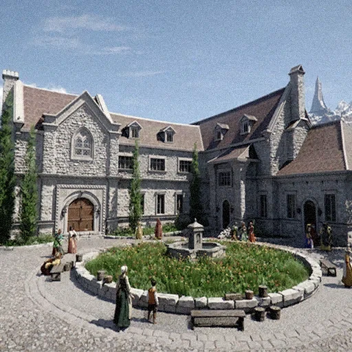 Oakenshield Manor in Hernand Town, Marquis Serkis's stone residence with a circular fountain courtyard