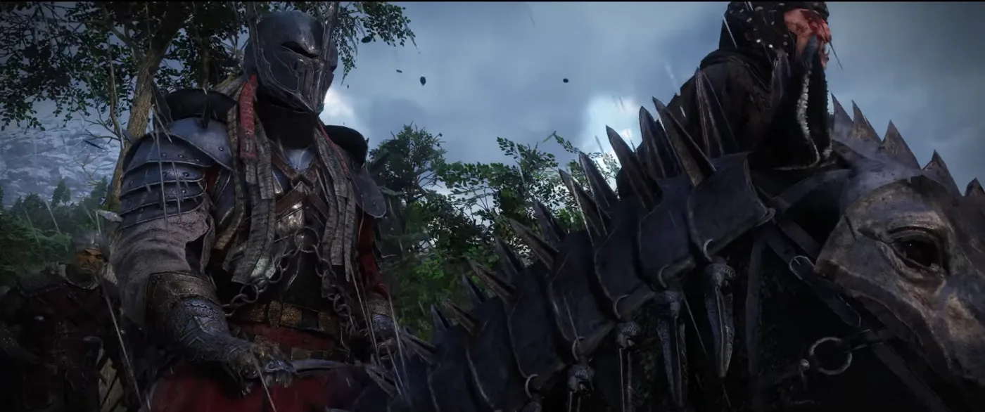 A rider on horseback in Crimson Desert, shown in a cinematic shot of mounted travel across Pywel.