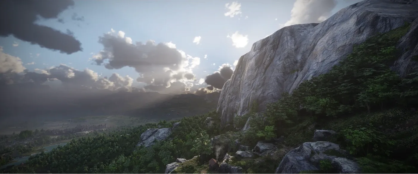 A wide valley vista in Pywel, the open-world continent of Crimson Desert, shown in a cinematic landscape shot.