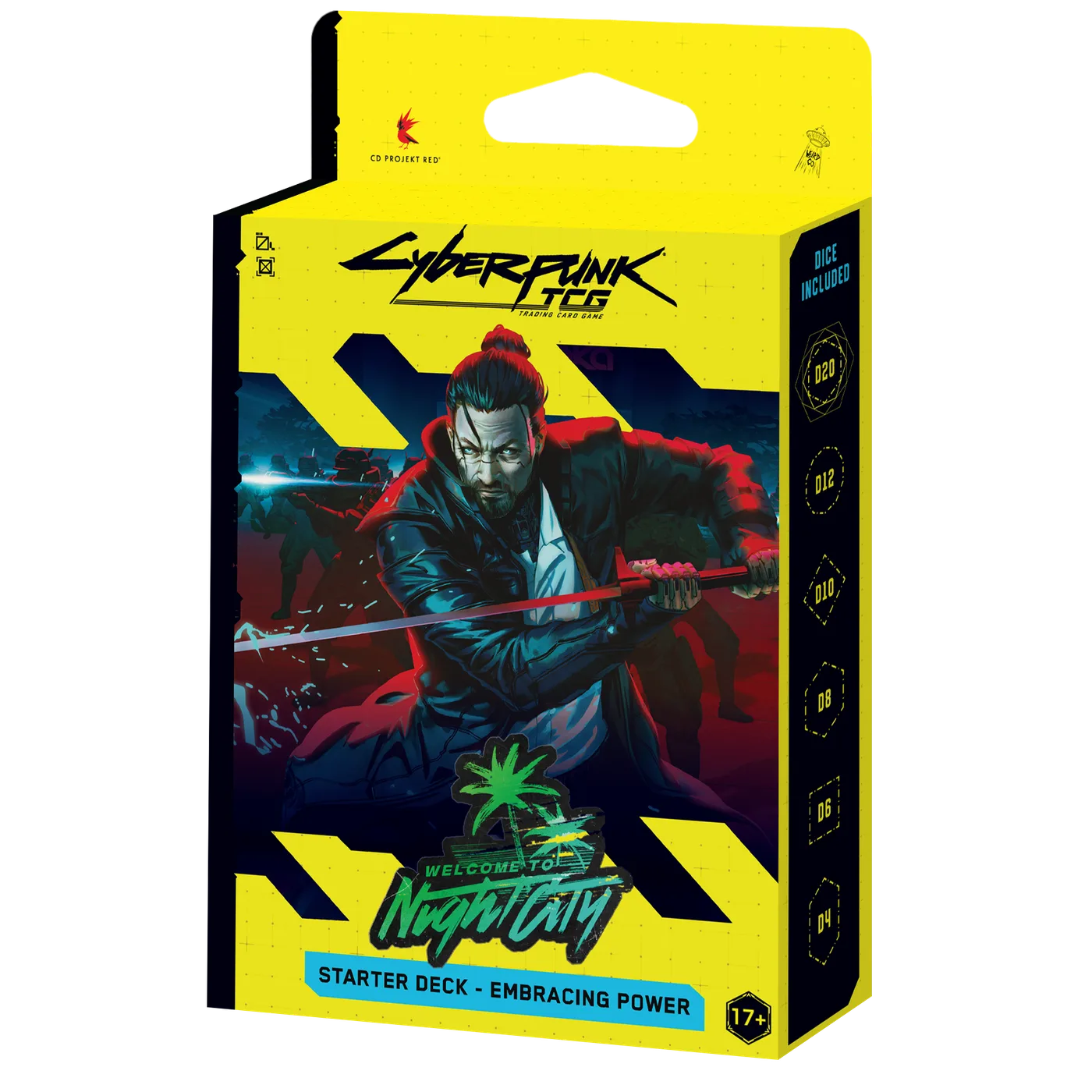 Official product render of the Cyberpunk TCG Welcome to Night City Embracing Power retail starter deck: a yellow and black hanging box with the Cyberpunk TCG logo at the top, cover art of a bearded man with a dark topknot lunging forward with a red-lit blade past armoured troops, a DICE INCLUDED side panel listing D20 down to D4, and STARTER DECK - EMBRACING POWER on a blue banner.