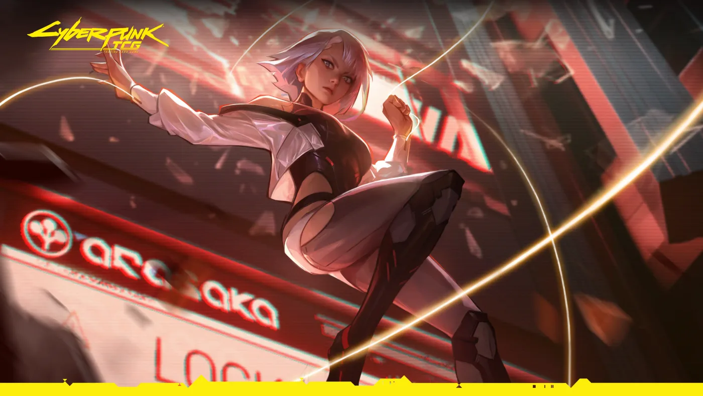 Official Cyberpunk TCG key art of Lucy: a white-haired woman in a white shirt and black bodysuit mid-leap through shattering glass, trailing glowing yellow monowire, with a red Arasaka sign behind her and the Cyberpunk TCG logo in the top-left corner.
