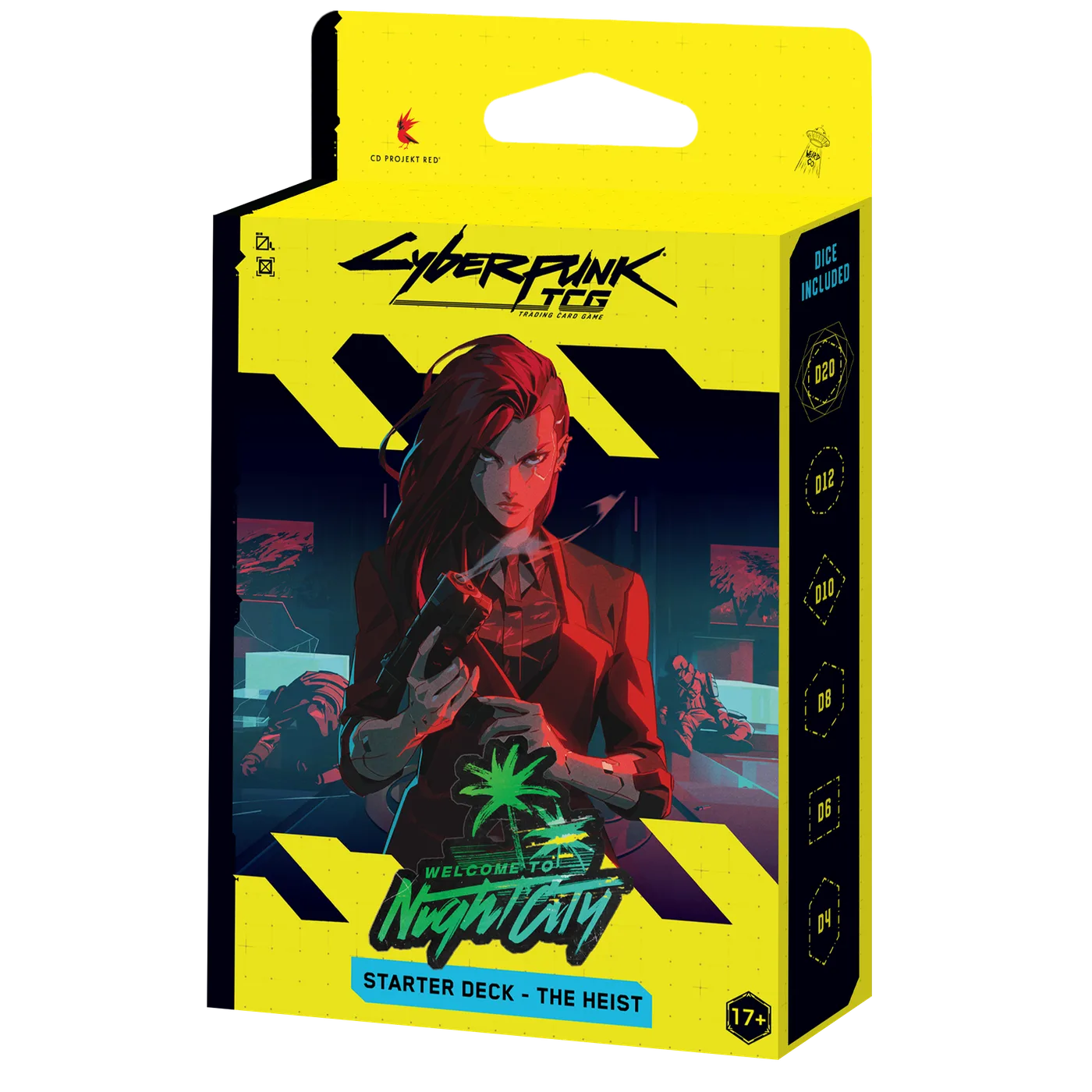Official product render of the Cyberpunk TCG Welcome to Night City The Heist retail starter deck: a yellow and black hanging box with cover art of a red-haired woman in a dark suit holding a smoking pistol over two downed figures, a DICE INCLUDED side panel listing D20 down to D4, and STARTER DECK - THE HEIST on a blue banner.
