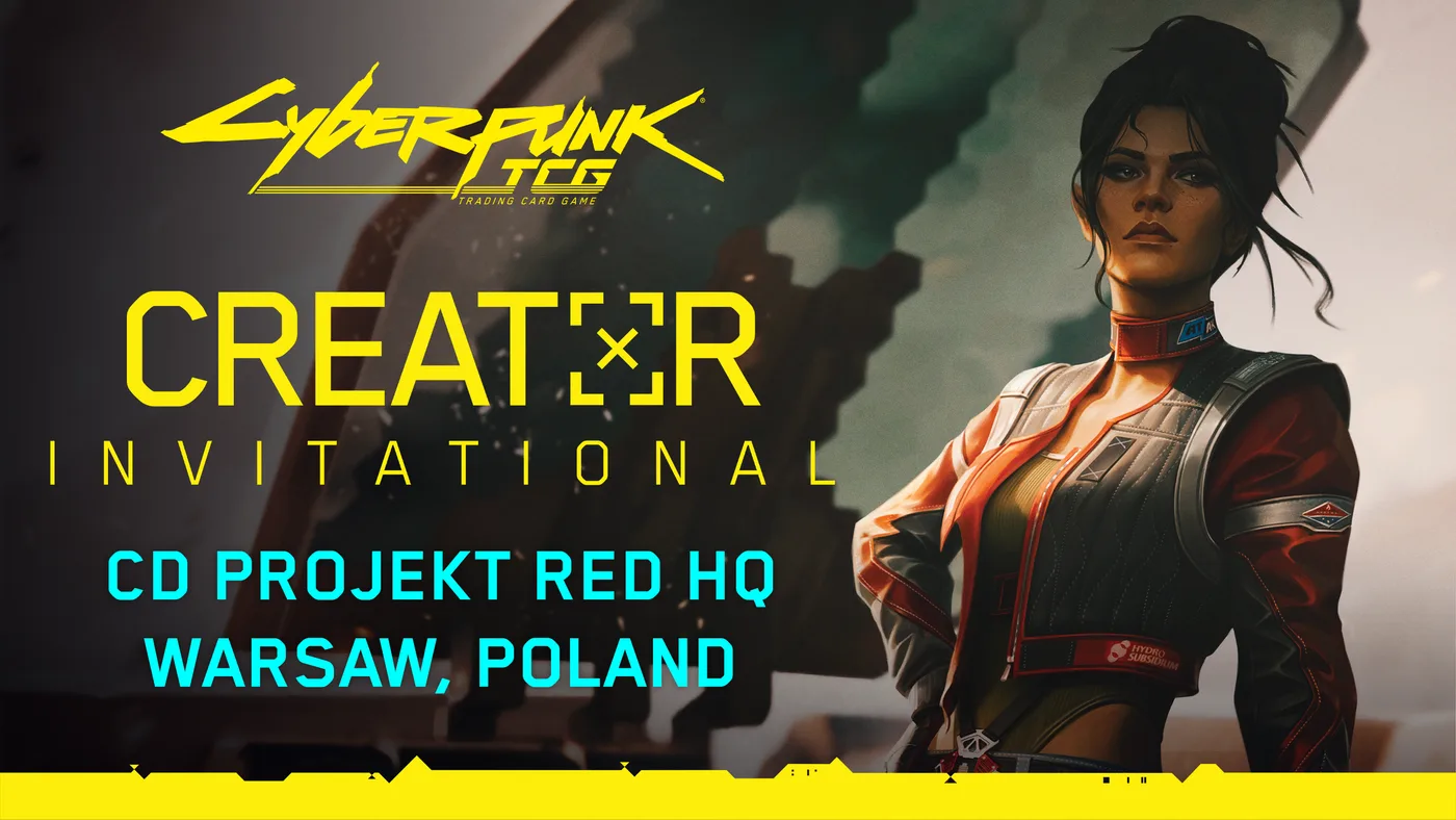 Official WeirdCo thumbnail for the Cyberpunk TCG Creator Invitational. On the left are the yellow Cyberpunk TCG logo, CREATOR INVITATIONAL in large yellow letters with the O drawn as a crosshair bracket, and CD PROJEKT RED HQ, WARSAW, POLAND in cyan capitals. On the right, a painted dark-haired woman with her hair tied up, in a high-collared grey and red jacket, stands with one hand on her hip against a blurred grey and green background. A yellow stripe runs along the bottom edge.