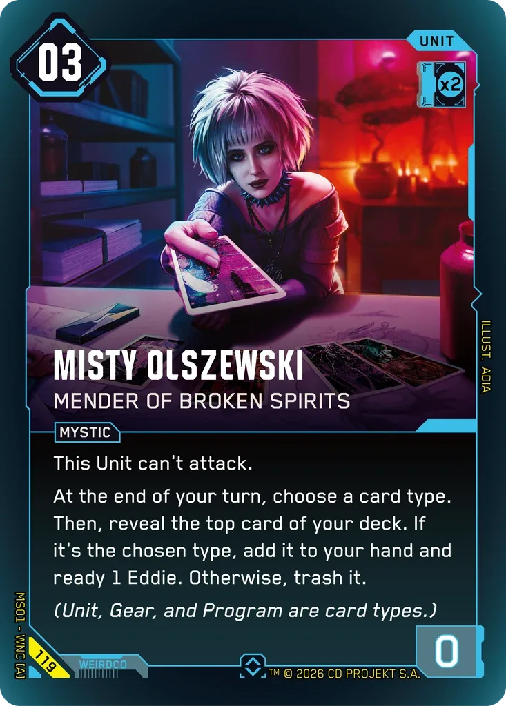 Official Cyberpunk TCG card render for Misty Olszewski: Mender of Broken Spirits, Welcome to Night City Retail #119, Rare, art by ADIA. A blue-framed Unit: Misty, with pale silver-pink hair and a spiked choker, leans across a table and holds a card out toward the viewer, with more cards spread on the table, a bookshelf on the left and candles glowing red on the right. Cost 03, RAM x2, the MYSTIC tag, the rules text ending in the reminder line "(Unit, Gear, and Program are card types.)", power 0, and collector number 119.