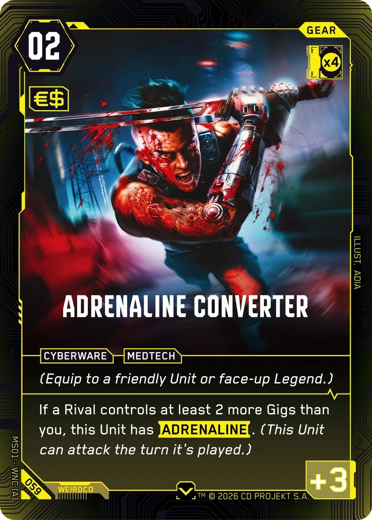 Official Cyberpunk TCG card render for Adrenaline Converter, a yellow-bordered Gear. Art by ADIA shows a bloodied street fighter mid-swing with a chromed cybernetic arm blade against a rain-streaked Night City backdrop. Cost 02 in the top left, a RAM x4 box in the top right, the CYBERWARE and MEDTECH tags, then the text "(Equip to a friendly Unit or face-up Legend.) If a Rival controls at least 2 more Gigs than you, this Unit has ADRENALINE. (This Unit can attack the turn it's played.)" with ADRENALINE printed as a yellow badge, and +3 power in the bottom right.