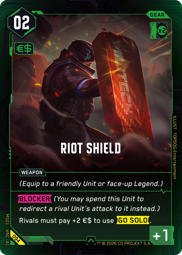 Official Cyberpunk TCG card render for Riot Shield, a green-bordered Gear. Art by TOPDOG Entertainment shows a MaxTac trooper crouched behind a glowing Militech riot shield in a dust storm. Cost 02 in the top left, a RAM x2 box in the top right, the WEAPON tag, then the text "(Equip to a friendly Unit or face-up Legend.) BLOCKER (You may spend this Unit to redirect a rival Unit's attack to it instead.) Rivals must pay +2 eurodollars to use GO SOLO," with BLOCKER printed as a pink badge and GO SOLO as a yellow badge, and +1 power in the bottom right.