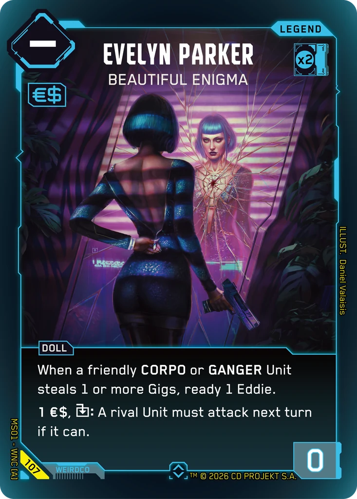 Official Cyberpunk TCG card render for Evelyn Parker: Beautiful Enigma, a blue-bordered Legend. Art by Daniel Valaisis shows Evelyn from behind in a dark bodysuit, holding a pistol, facing a cracked mirror that reflects her in blue-lit magenta shadow. A eurodollar sell tag sits in the top left, a RAM x2 box in the top right, the single DOLL tag above the text "When a friendly CORPO or GANGER Unit steals 1 or more Gigs, ready 1 Eddie," and power 0 in the bottom right.