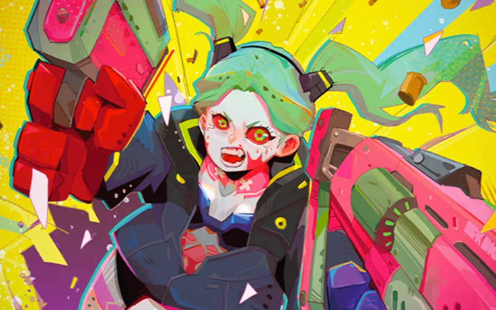 Artwork for the Cyberpunk TCG promo card Rebecca: Having a Moment - Rebecca from Cyberpunk: Edgerunners with mint-green pigtails, red-and-black eyes and a fanged grin, hauling an oversized pink and green shotgun across a bright yellow background scattered with confetti shards.