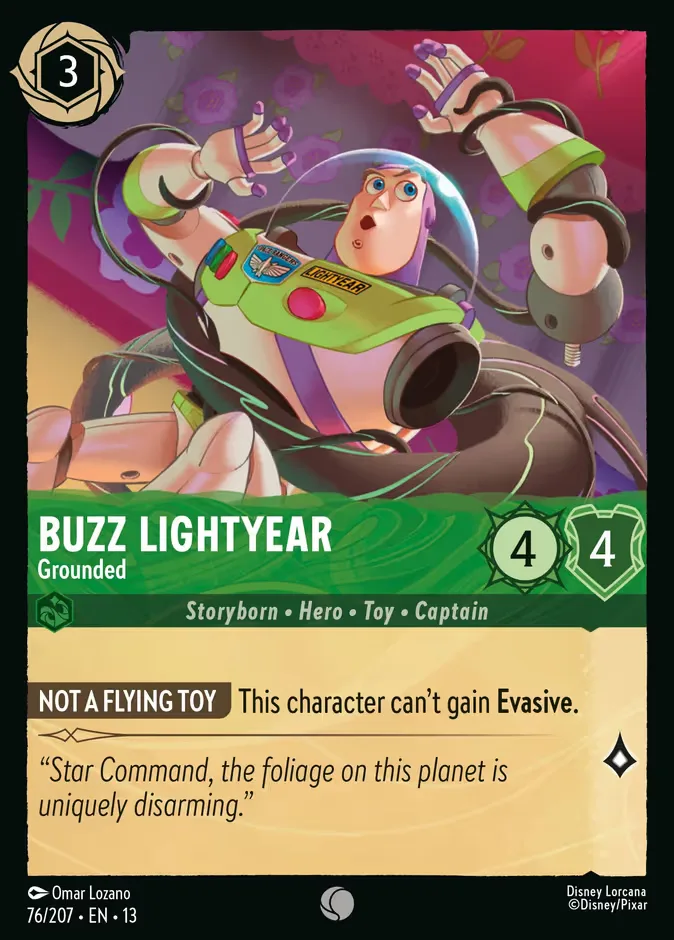 The Disney Lorcana card Buzz Lightyear - Grounded, a 3-ink Emerald Common from Attack of the Vine! numbered 76/207, with 4 Strength, 4 Willpower and 1 Lore, showing Buzz Lightyear standing at attention on an alien planet's foliage in his white and green Space Ranger suit, with the ability Not a Flying Toy: this character can't gain Evasive.