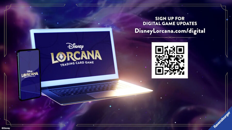 Official Disney Lorcana teaser graphic for the digital game announcement: an open laptop and a smartphone side by side against a swirling purple starfield, both screens showing the Disney Lorcana Trading Card Game logo, with the text Sign Up For Digital Game Updates, DisneyLorcana.com/digital, a QR code, a Ravensburger ribbon bottom right and a Disney copyright credit bottom left.
