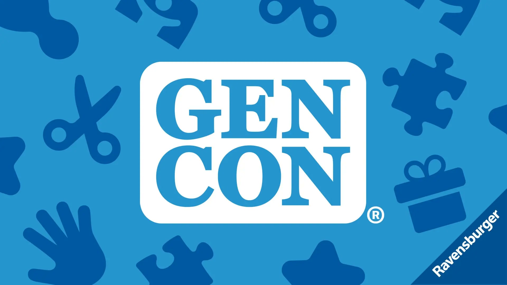 Official Ravensburger Gen Con announcement key art: the white Gen Con logo centered on a blue background patterned with puzzle pieces and game silhouettes, with a Ravensburger ribbon in the corner.