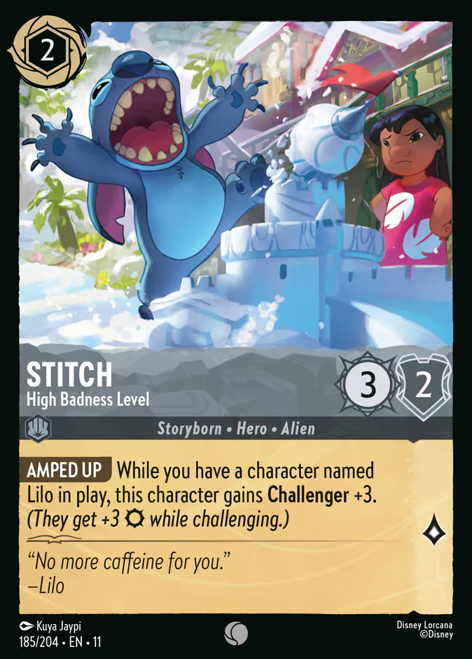 The Disney Lorcana card Stitch - High Badness Level from Winterspell, a 2-ink Steel common with 3 Strength and 2 Willpower, showing Stitch gleefully wrecking a snow castle while Lilo glares at him.