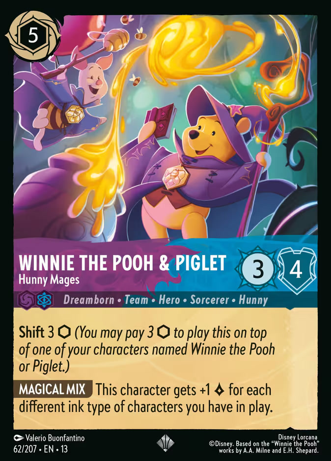 The Disney Lorcana card Winnie the Pooh and Piglet - Hunny Mages from Attack of the Vine!, a 5-ink Amethyst super rare showing Pooh in purple wizard robes conjuring streams of honey magic while Piglet floats overhead with bees.
