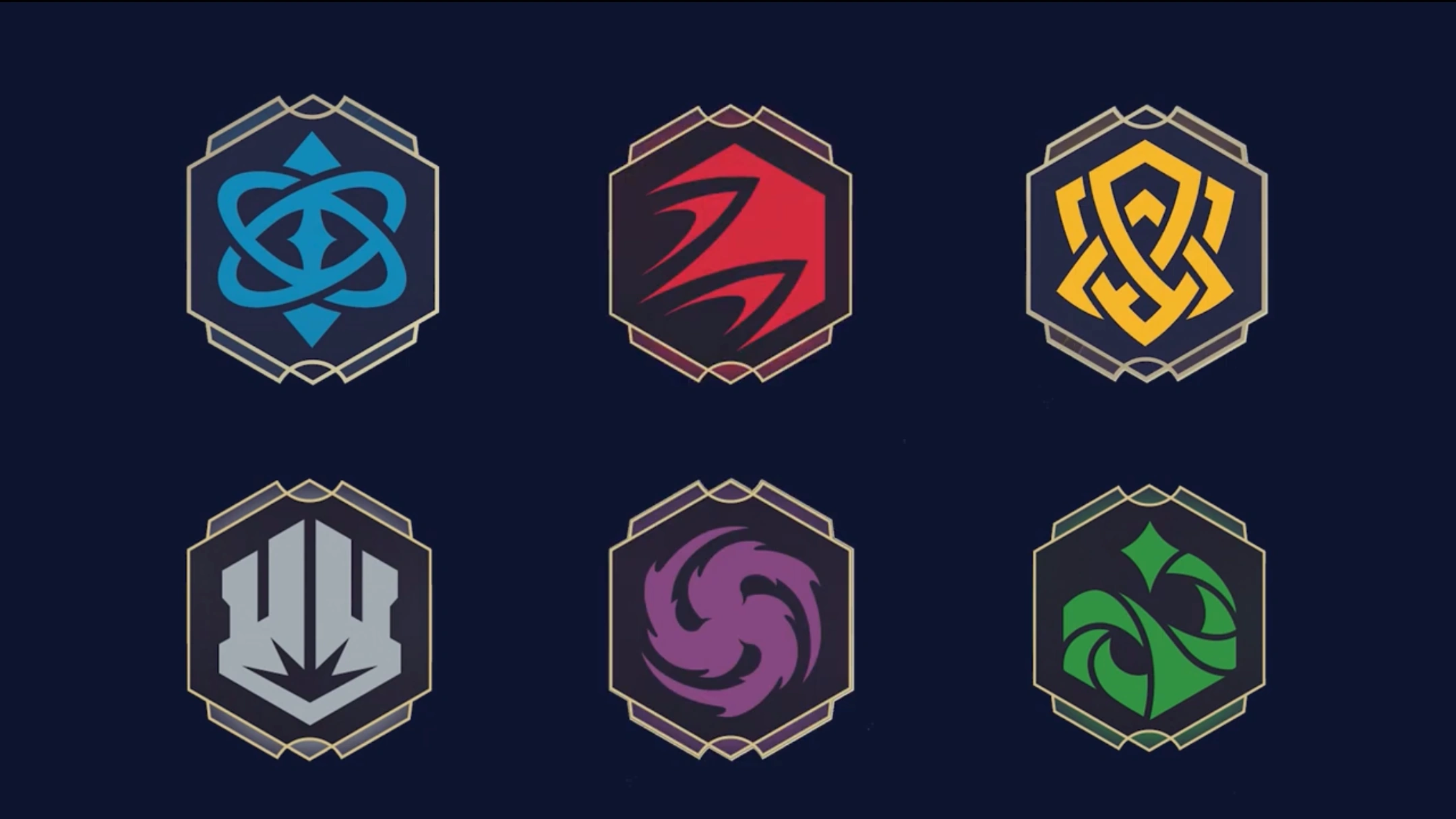 The six Disney Lorcana ink crests - Sapphire, Ruby, Amber on the top row and Steel, Amethyst, Emerald on the bottom - on a dark navy background.