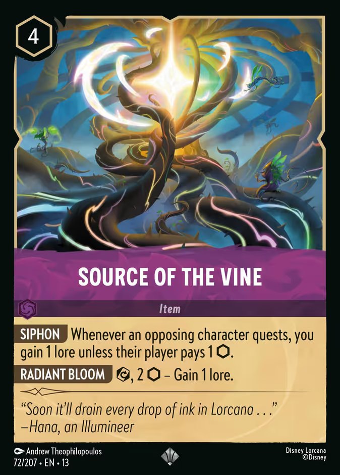The Disney Lorcana card Source of the Vine, a 4-ink Amethyst Super Rare item from Attack of the Vine!, showing a glowing purple vine-wrapped bloom, with two abilities: Siphon, which gains you 1 lore whenever an opposing character quests unless their player pays 1 ink, and Radiant Bloom, which exerts and pays 2 ink to gain 1 lore.