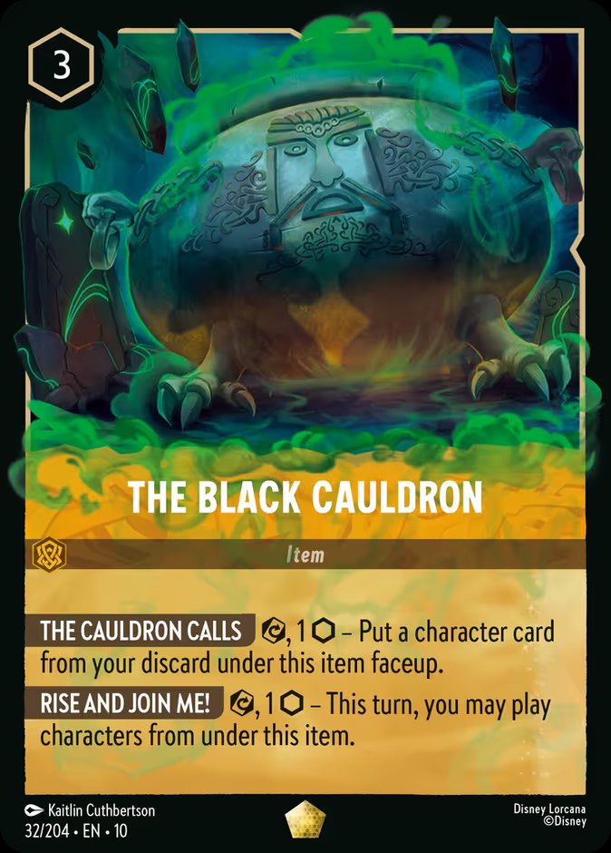 The Disney Lorcana card The Black Cauldron, a 3-ink Amber Legendary item from Whispers in the Well, showing the horned skull-faced cauldron wreathed in green flame, with two abilities: The Cauldron Calls, which puts a character card from your discard under the item, and Rise and Join Me, which lets you play characters from under it.