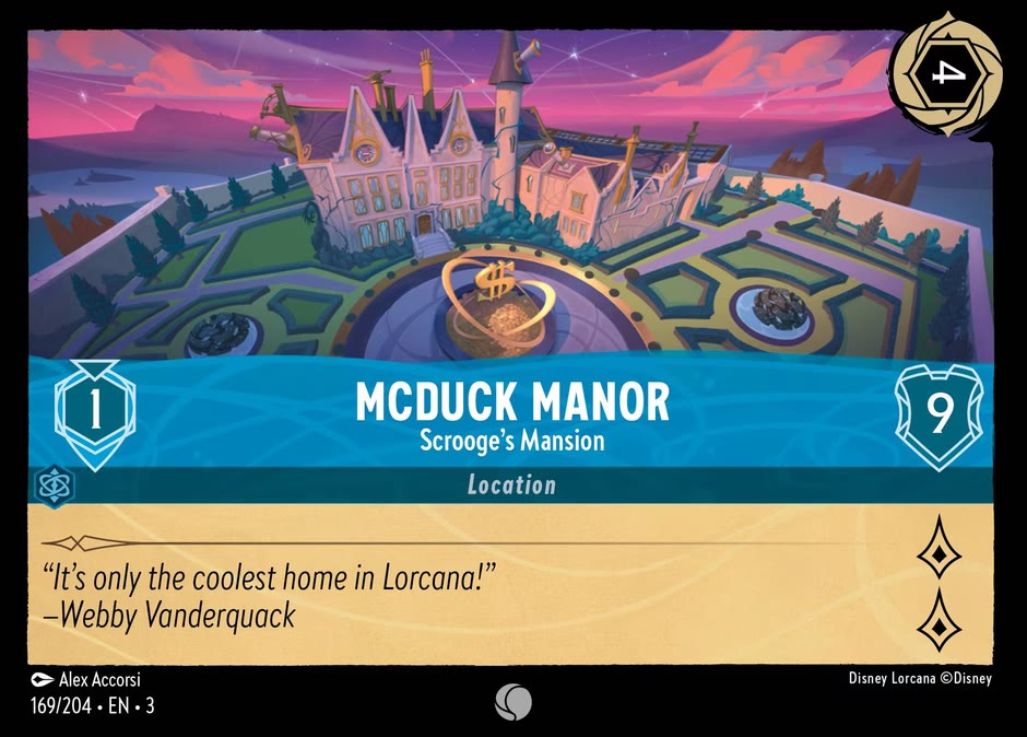 The Disney Lorcana location card McDuck Manor - Scrooge's Mansion, a 4-ink Sapphire location with move cost 1, 9 Willpower and a 2 lore value, printed with no rules text.