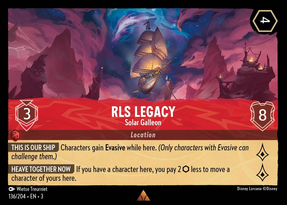 The Disney Lorcana location card RLS Legacy - Solar Galleon, a 4-ink Ruby location with move cost 3, 8 Willpower and 2 lore, whose This Is Our Ship ability grants characters Evasive while here.
