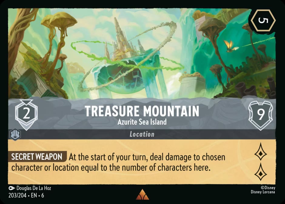 The Disney Lorcana location card Treasure Mountain - Azurite Sea Island, a 5-ink Steel location with move cost 2, 9 Willpower and 2 lore, whose Secret Weapon ability deals start-of-turn damage equal to the number of characters here.
