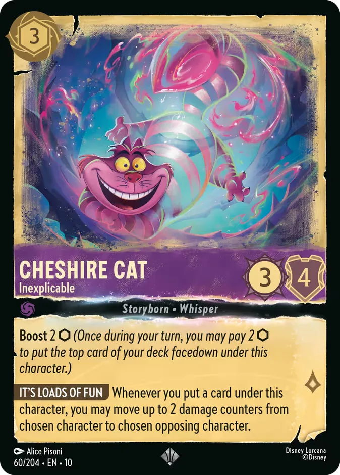 The Disney Lorcana card Cheshire Cat - Inexplicable, a 3-ink Amethyst Super Rare from Whispers in the Well numbered 60/204, with 3 Strength and 4 Willpower, showing the grinning pink Cheshire Cat coiled inside a swirling psychedelic pink-and-teal vortex, with the abilities Boost 2 and It's Loads of Fun: moving damage counters between characters when a card goes under it.