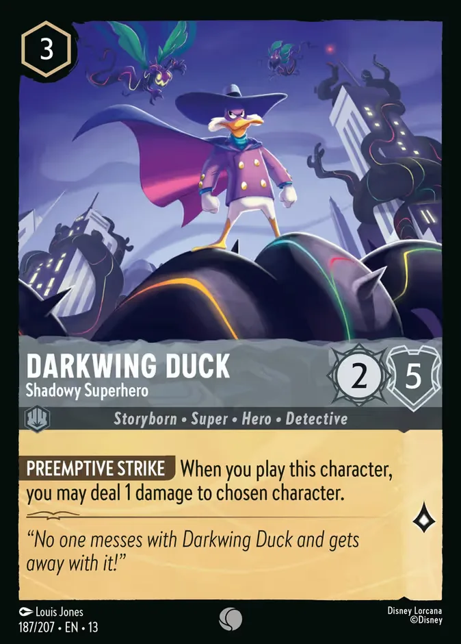 The Disney Lorcana card Darkwing Duck - Shadowy Superhero, a 3-ink Steel Common from Attack of the Vine! numbered 187/207, with 2 Strength and 5 Willpower, showing Darkwing Duck posed atop dark Vine-corrupted hills against a stormy purple city skyline with small creatures flying overhead, with the ability Preemptive Strike: deal 1 damage to chosen character when played.