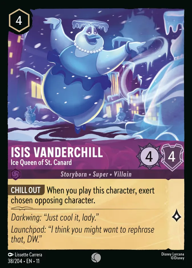 The Disney Lorcana card Isis Vanderchill - Ice Queen of St. Canard, a 4-ink Amethyst Common from Winterspell numbered 38/204, with 4 Strength and 4 Willpower, showing a large blue ice-themed villain in a frosted gown gesturing over a snow-covered street at night, with the ability Chill Out: exert chosen opposing character when this character is played.