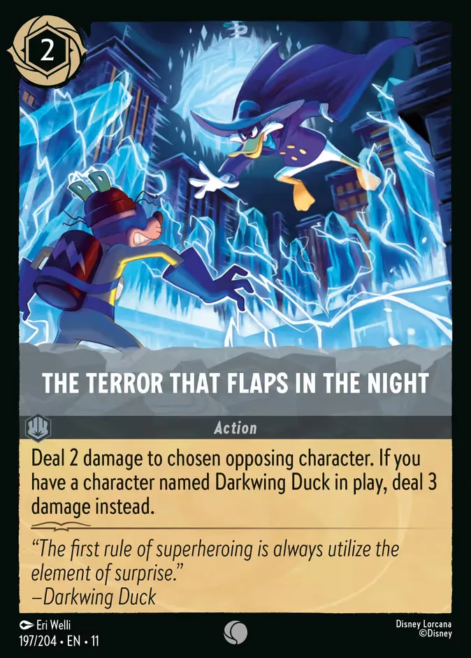 The Disney Lorcana card The Terror That Flaps in the Night, a 2-ink Steel Action from Winterspell numbered 197/204, showing Darkwing Duck swooping through a lightning-lit night sky above a startled Launchpad McQuack, with the text: deal 2 damage to chosen opposing character, or 3 damage if you have a character named Darkwing Duck in play.