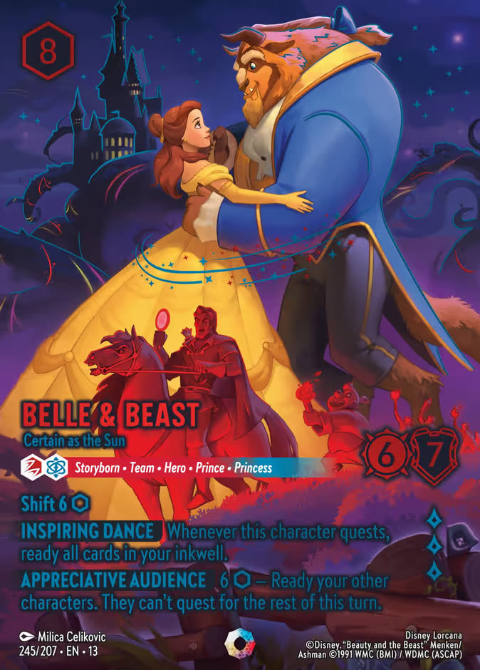 The Iconic printing of Disney Lorcana card Belle & Beast - Certain as the Sun, numbered 245/207, showing Belle in a yellow gown dancing with the Beast in front of a purple night-sky castle in borderless full-card art with no card frame.