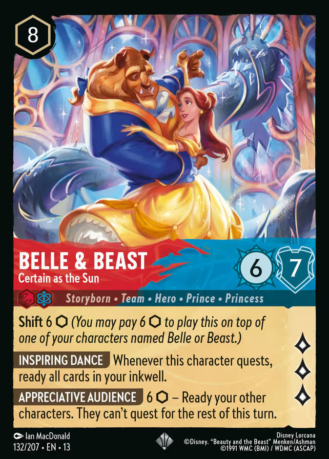 The Super Rare base printing of Disney Lorcana card Belle & Beast - Certain as the Sun, numbered 132/207, showing Belle and the Beast waltzing in the ballroom inside a standard bordered card frame with an 8 ink cost and 6 Strength, 7 Willpower.
