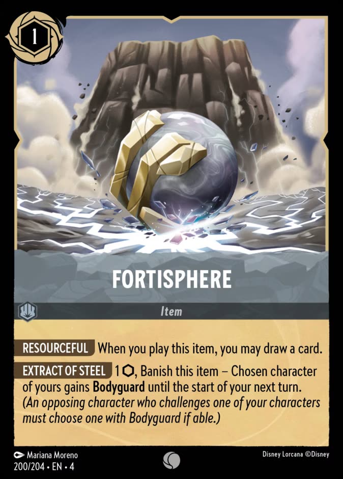 The Disney Lorcana card Fortisphere, numbered 200/204 from Ursula's Return, a 1-ink Steel item at Common rarity showing a golden-braced orb crackling with lightning in front of a rock face.