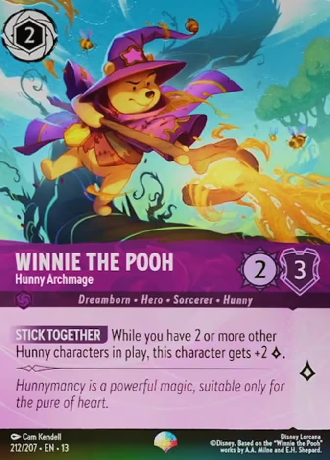 The Epic printing of Disney Lorcana card Winnie the Pooh - Hunny Archmage, numbered 212/207, showing Pooh in a purple wizard hat and cloak swinging a staff trailing golden honey, with the artwork extended edge to edge and no card border.