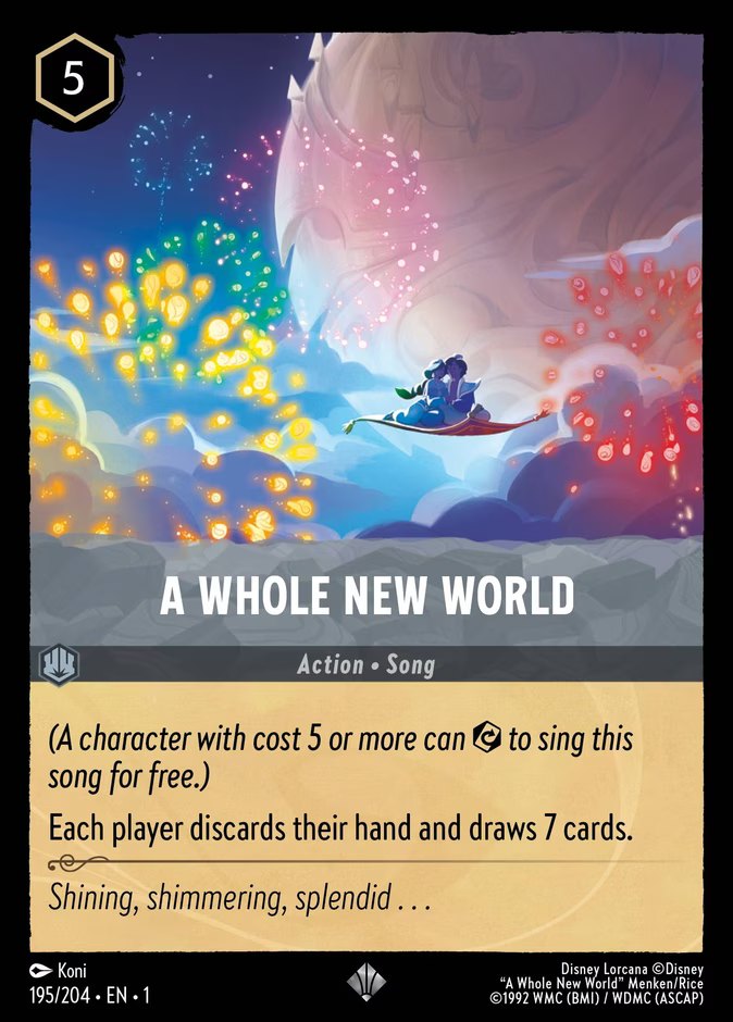 The Disney Lorcana song card A Whole New World, a 5-ink Steel Super Rare from The First Chapter that makes each player discard their hand and draw 7 cards.