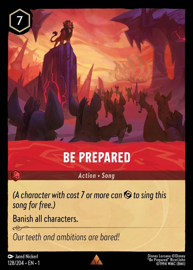 The Disney Lorcana song card Be Prepared, a 7-ink Ruby Rare from The First Chapter whose effect banishes all characters.
