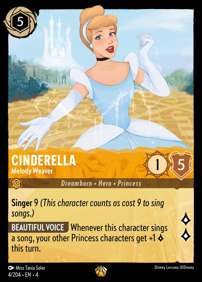 The Disney Lorcana card Cinderella - Melody Weaver, a 5-ink Amber Legendary with Singer 9 and the Beautiful Voice ability.