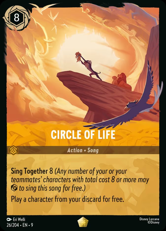 The Disney Lorcana song card Circle of Life, an 8-ink Amber Legendary with Sing Together 8 that plays a character from your discard for free.
