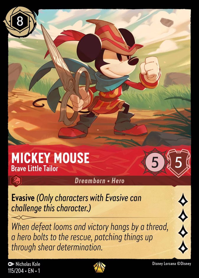 The Disney Lorcana card Mickey Mouse - Brave Little Tailor, an 8-ink Ruby Legendary from The First Chapter with 5 Strength, 5 Willpower and 4 Lore, carrying Evasive.