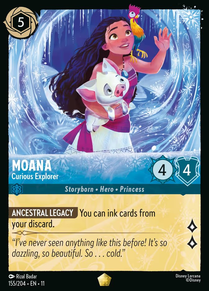 The Disney Lorcana card Moana - Curious Explorer, a 5-ink Sapphire Legendary from Winterspell with 4 Strength, 4 Willpower and 2 Lore, whose ability Ancestral Legacy lets you ink cards from your discard.