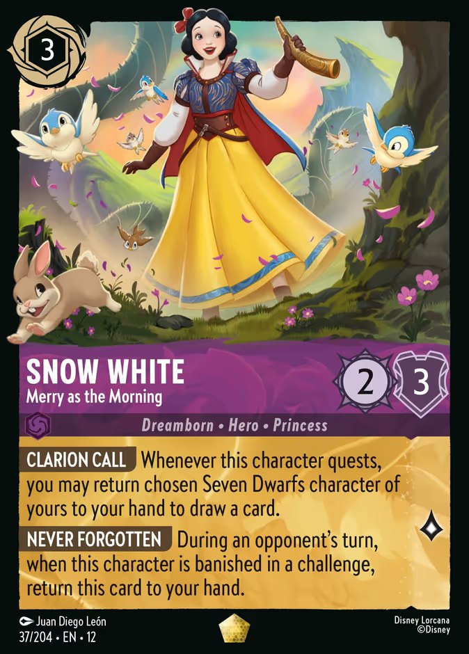 The Disney Lorcana card Snow White - Merry as the Morning, a 3-ink Amethyst Legendary from Wilds Unknown with 2 Strength, 3 Willpower and 1 Lore, carrying the abilities Clarion Call and Never Forgotten.