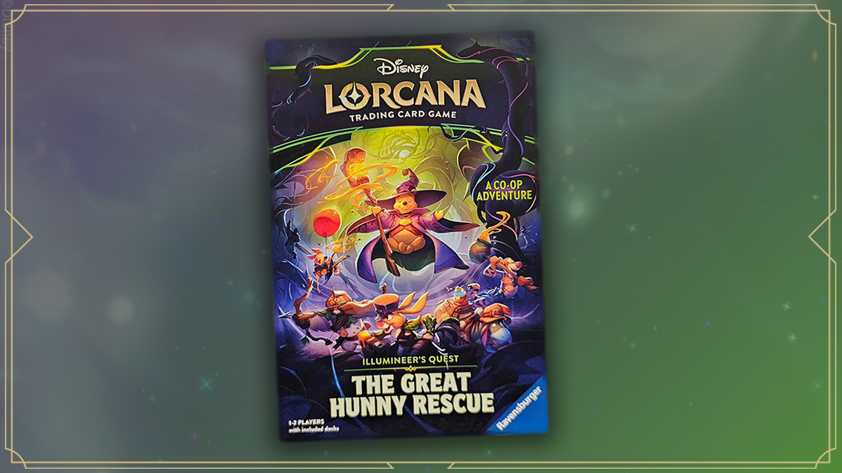 The Illumineer's Quest: The Great Hunny Rescue box: Winnie the Pooh in a purple wizard hat and cloak raising a honey-topped staff, with Piglet, Tigger, Rabbit and friends in adventuring gear below him, dark Vine tendrils framing the art, and the callouts A Co-op Adventure and 1-2 players with included decks.