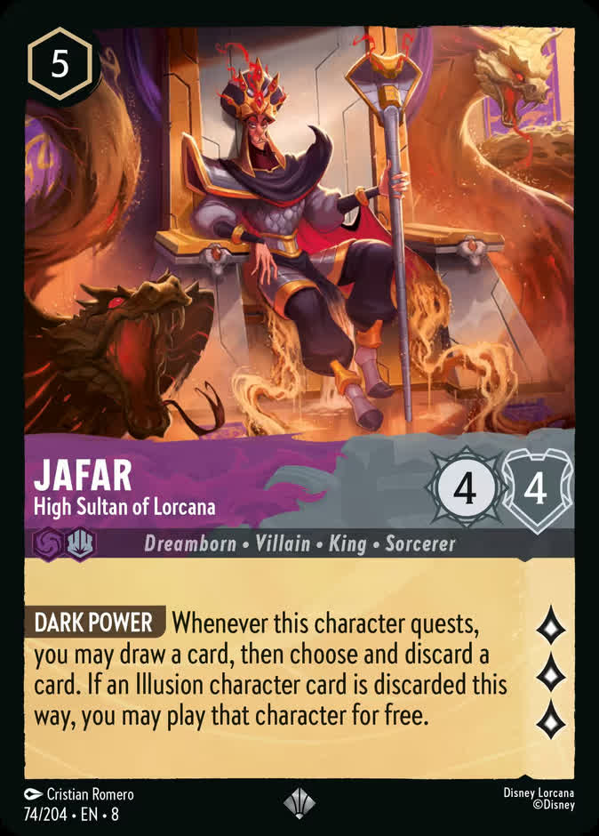 The Disney Lorcana card Jafar - High Sultan of Lorcana from Reign of Jafar, a 5-ink dual-ink super rare with 4 Strength and 4 Willpower, showing Jafar enthroned in ornate armor between golden serpent statues, with the DARK POWER questing ability.