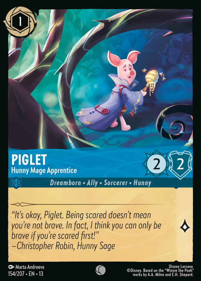 The Disney Lorcana card Piglet - Hunny Mage Apprentice from Attack of the Vine!, a 1-ink Sapphire common with 2 Strength and 2 Willpower, showing a nervous Piglet in a blue mage robe holding a glowing honey-dipper wand while dark thorny Vine tendrils coil around him.